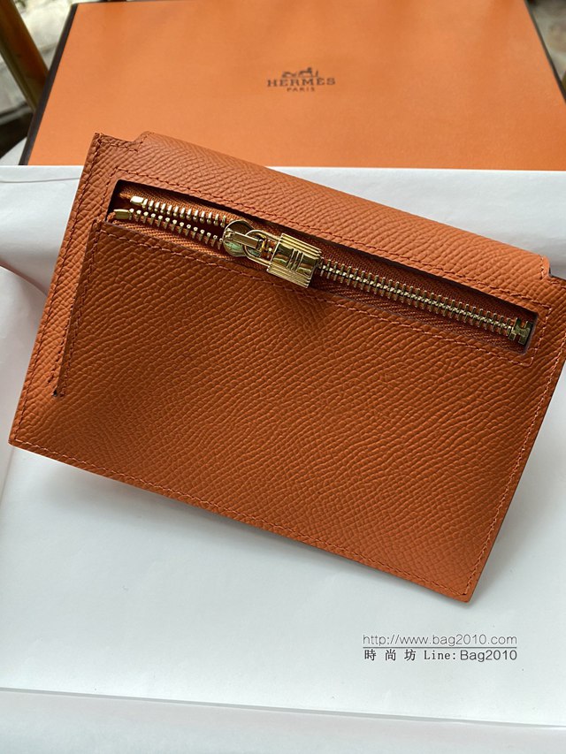 Hermes卡包 愛馬仕原版Kelly Pocket Epsom皮 Hermes新款小錢包 經典橙金扣  tdh2179